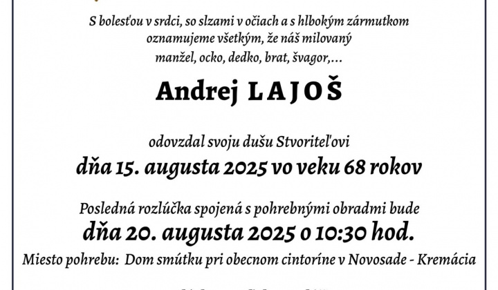 Fotka - Oznámenie o úmrtí Andrej Lajoš