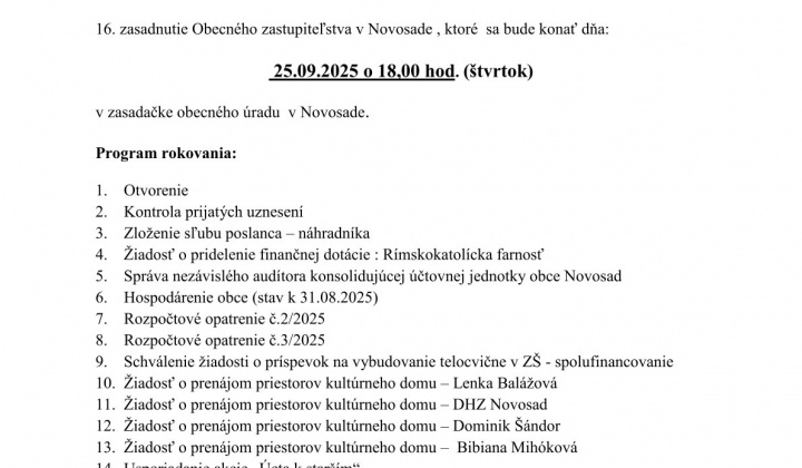 Fotka - Pozvánka na 16. zasadnutie OZ