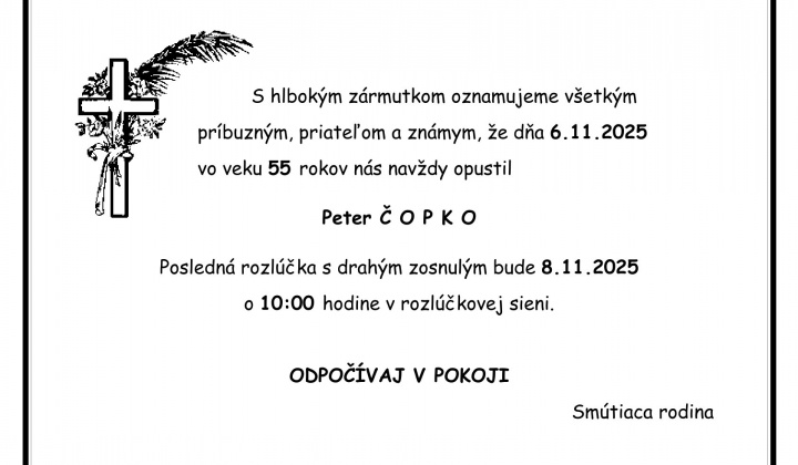 Fotka - Oznámenie o úmrtí Peter Čopko