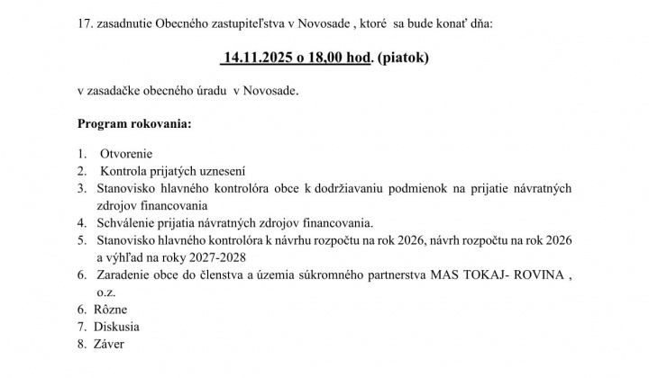Fotka - Pozvánka na 17. zasadnutie OZ