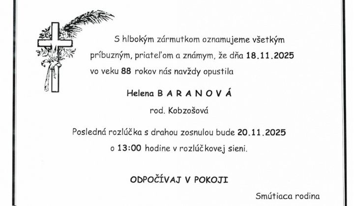 Fotka - Oznámenie o úmrtí Helena Baranová