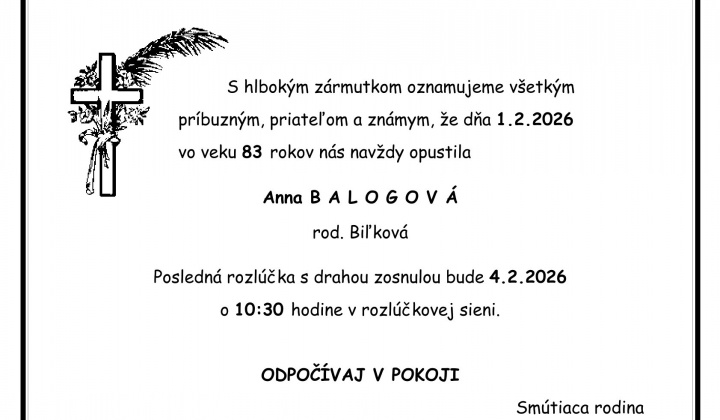 Fotka - Oznámenie o úmrtí Anna Balogová