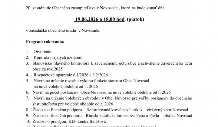 Fotka - Pozvánka na 20. zasadnutie OZ