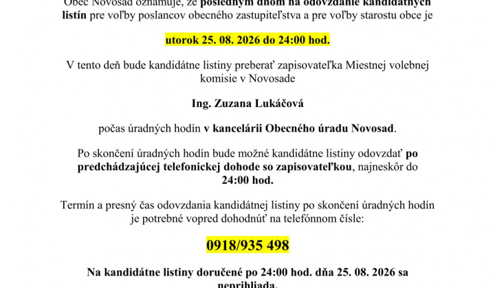 Fotka - OZNÁMENIE k odovzdávaniu kandidátnych listín dňa 25. 08. 2026