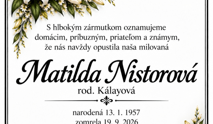 Fotka - Oznámenie o úmrtí Matilda Nistorová